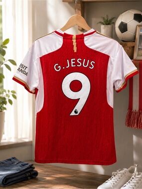 Arsenal Red & White Soccer Jersey with G. Jesus #9 Back Print